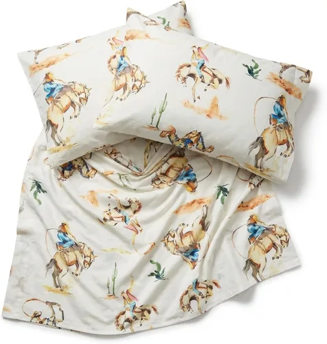 Vista 6 de Rod's True Western Bronco - Juego de sábanas tamaño matrimonial, ropa de cama occidental de 4 piezas, sábanas de algodón con fundas de almohada