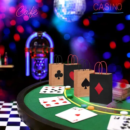 Vista 7 de Outus 24 bolsas de regalo para fiestas de casino, color rojo y negro, bolsas de papel con asas de 8.3 x 6 x 3 pulgadas para bolsas de papel