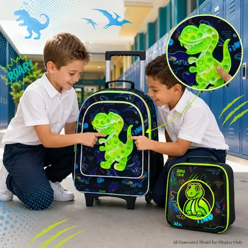 Vista 3 de WZLVO 4 mochilas con ruedas de dinosaurio para niños, juego escolar con ruedas geniales con lonchera, mochila escolar resistente al agua con ruedas