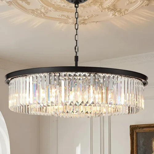Vista 14 de Candelabro grande de cristal moderno de lujo, lámpara de techo colgante de oro antiguo para comedor, sala de estar, 12 luces, 3 niveles