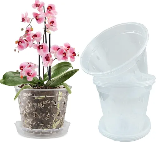 Vista 7 de DESOMINOR Paquete de 4 macetas de orquídeas transparentes, macetas de plástico de 4.8 pulgadas, 5.6 pulgadas y 7 pulgadas con agujeros y platillos