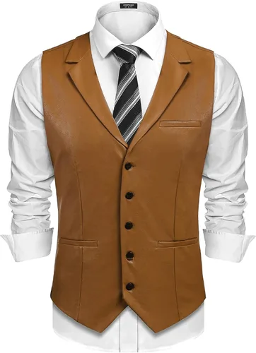Vista 10 de COOFANDY Chaleco de Traje de Cuero para Hombre de Corte Ajustado Chaleco Occidental Casual Chaqueta Chaleco Ligero con Cuello en V Chalecos