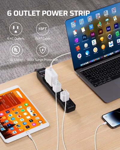 Vista 2 de DEWENWILS Multicontacto de 6 tomas con protector contra sobretensiones, cable de extensión de 15 pies, enchufe plano de bajo perfil, cortacircuito