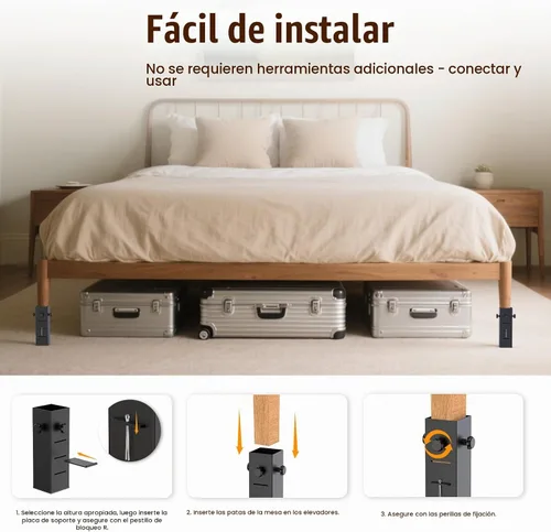 Vista 8 de Extensores de cama resistentes para dormitorio, aumenta el espacio de almacenamiento debajo de la cama, se adapta a patas de cama de 1.5 a 2.2