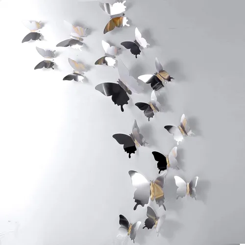 Vista 9 de 48 calcomanías 3D, espejadas, de mariposa, adhesivos para pared, para manualidades, decoración de pared para el hogar, 3 tamaños Negro