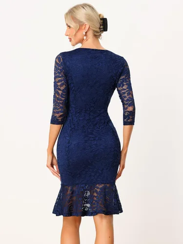 Vista 4 de Allegra K Vestidos de cola de pez para mujer, manga 3/4, elegante vestido de encaje de cóctel de noche