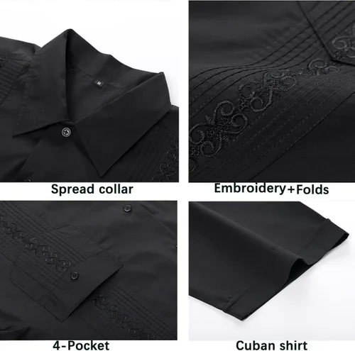Vista 3 de Camisas de guayabera de manga corta para hombre con botones para la playa cubana