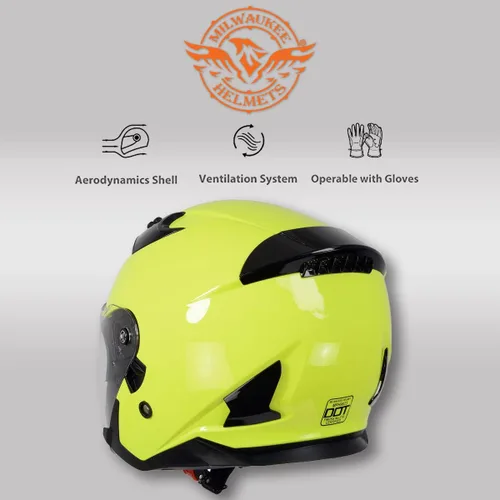 Vista 7 de Milwaukee Helmets MPH9823DOT 'Shift' - Casco de cara abierta 3/4 amarillo neón para hombres y mujeres con visera tintada desplegable