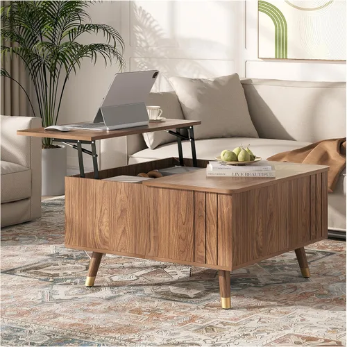 Vista 12 de SULIVES Mesa auxiliar ovalada con almacenamiento, mesa de centro multifuncional con tambor elevable, pequeña mesa central acanalada para sala