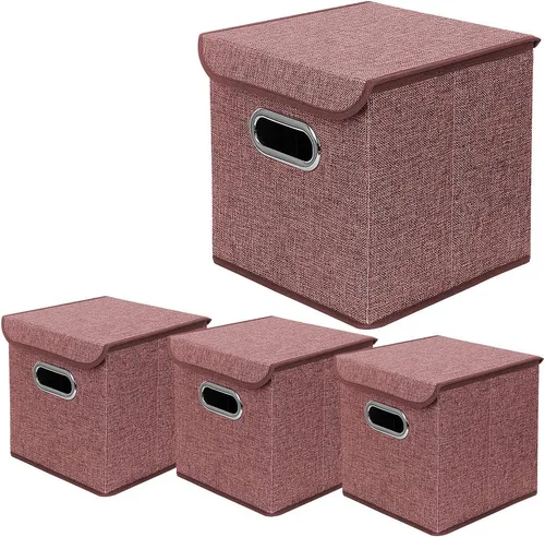 Vista 6 de Juego de 4 contenedores plegables de tela de lino con tapa, cajas organizadoras plegables, 10 x 10 x 10 pulgadas (beige)