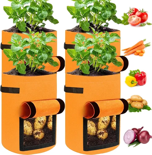 Vista 14 de JJGoo Juego de 2 bolsas de cultivo de patatas de 10 galones con solapa, bolsas de cultivo de tela resistentes con asa y ventana de cosecha, macetas