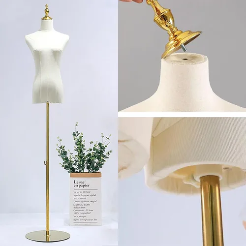 Vista 4 de Maniquí de vestido, forma de maniquí femenino Torso de 55 ~ 75 pulgadas altura ajustable cuerpo de maniquí dorado soporte de metal para ropa