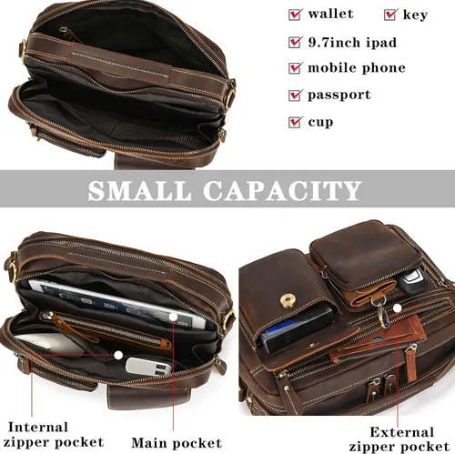 Vista 3 de Bolso bandolera de cuero para hombre, 11 pulgadas, bolso para computadora portátil, estilo vintage, de grano completo, para trabajo, viajes