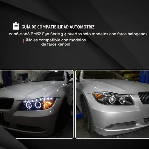 Vista 5 de Autozensation Compatible con BMW E90 serie 3 de 4 puertas Sedán 2006-2008, juego de faros izquierdo + derecho, faros de proyector LED de tira negra