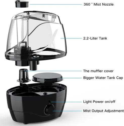 Vista 7 de Humidificadores para dormitorio y habitación grande, humidificador de niebla fría de 2.2L para bebé, 30 horas con funcionamiento silencioso