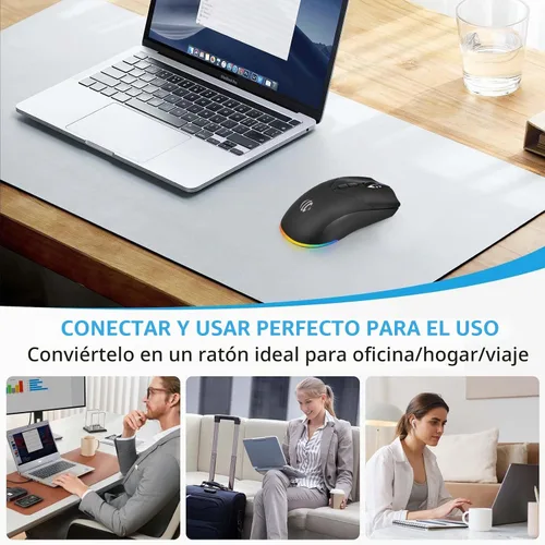 Vista 5 de Ratón inalámbrico, mouse recargable Bluetooth, modo dual BT 5.2 + 2.4G USB silencioso inalámbrico Bluetooth, diseño ergonómico RGB, mouse DPI