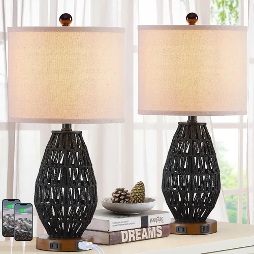 Vista 10 de CINSARY Lámparas de mesa de ratán con control táctil, lámparas de noche regulables de 3 vías para dormitorio, juego de 2 con 2 puertos USB y salida