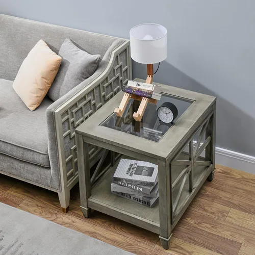 Vista 4 de Mesa auxiliar de madera maciza de 2 niveles con vidrio templado, mesa auxiliar cuadrada de madera para sofá, mesita de noche rústica con soporte