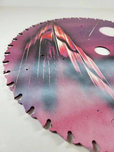 Vista 5 de Double Sided Saw blade Painting in Purple Colors of Fantasy Landscape scenes Flip Sides by artist Jason Girard
