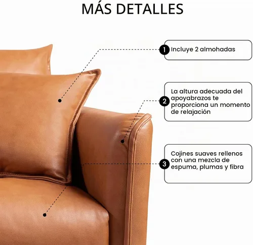 Vista 6 de Valencia Jasper - Sofá completo de cuero de 3 plazas de 85 pulgadas, color marrón coñac, sofá de mediados de siglo con 2 almohadas para muebles