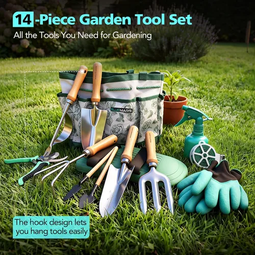 Vista 3 de Bluemars Kit de herramientas de mano de jardinería, 14 piezas, juego de herramientas de jardín de acero inoxidable resistente con bolsa de jardín