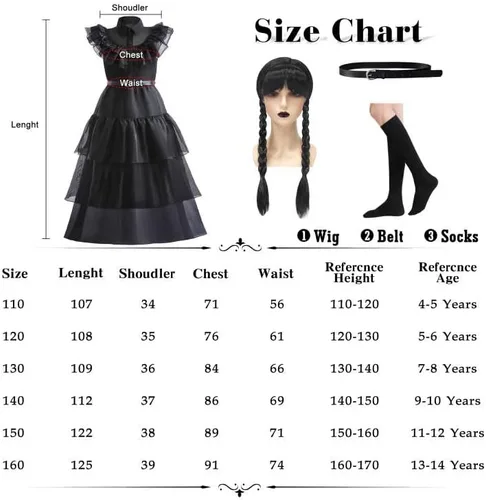 Vista 6 de GRIVOS Wednesday Addams - Disfraces de vestir para niños y niñas, fiesta familiar, disfraz de cosplay con peluca de cinturón de 4 a 14 años
