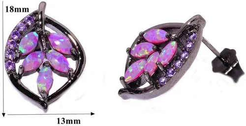 Vista 6 de Aretes de ópalo para mujer, chapados en oro de 18 quilates, flores, hoja, árbol de la vida, estrella de luna, universo, ópalo, joyería, aniversario