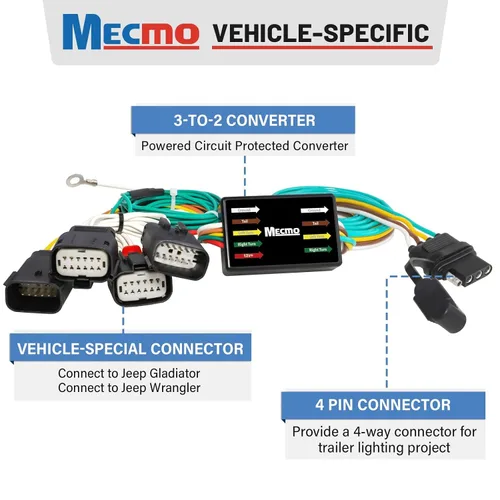 Vista 2 de MECMO Multi-Tow - Arnés de cables para remolques de 4 vías planas a 7 vías con cuchillas y adaptador de remolque de 4 planos con cableado