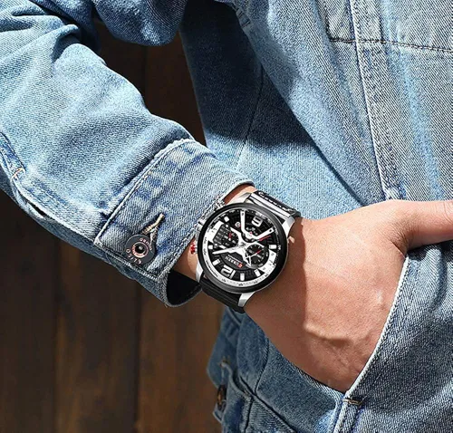 Vista 5 de HOLUNS Reloj de cuero para hombre, cronógrafo de función completa, impermeable, acero inoxidable, relojes de cuarzo negro, Negro -, Cronógrafo