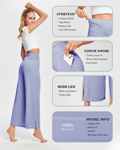 Vista 4 de HARTPOR Pantalones de yoga de pierna ancha para mujer, pantalones palazzo, pantalones casuales de cintura alta, pantalones de pijama cómodos