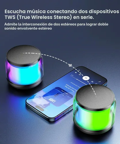 Vista 4 de NOTOKA Mini Altavoces Portátiles Bluetooth Inalámbricos, Emparejamiento TWS, Pequeño Altavoz Bluetooth con Luces y Cordón, Regalos