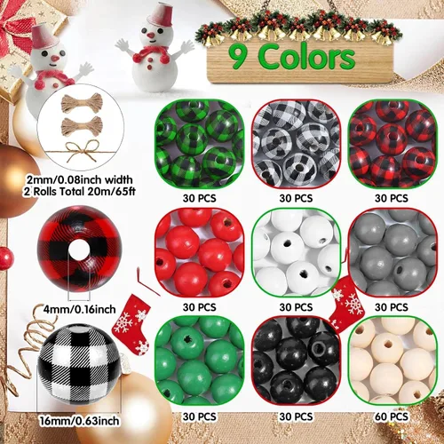 Vista 2 de Modacraft 300 cuentas de madera de Navidad para manualidades, cuentas de madera a cuadros de búfalo de 0.63 pulgadas con cuerda de cáñamo de 65 pies