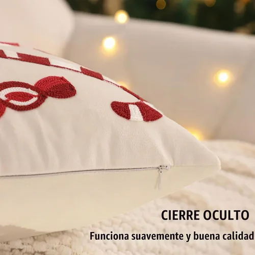Vista 4 de Funda para almohadón navideño 18 x 18 pulgadas, juego de 2, funda de almohada de terciopelo beige con bastón de caramelo, funda para almohadón