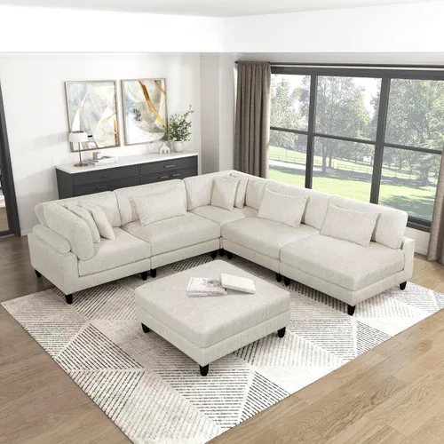 Vista 27 de Lexicon Sofá modular de 120 pulgadas, sofá modular de microfibra de gran tamaño de 4 plazas en forma de L, 6 almohadas decorativas y arreglo Beige