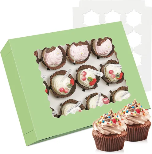 Vista 11 de Juego de 3 cajas para cupcakes a granel con ventana transparente para 12 cupcakes estándar, contenedor desechable de grado alimenticio azul