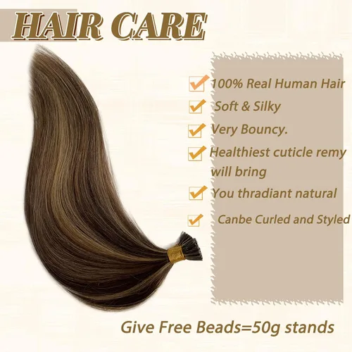 Vista 4 de Extensiones de cabello humano con punta en I para mujeres, reflejos marrones medios con punta en I rubio, extensiones de cabello humano de queratina