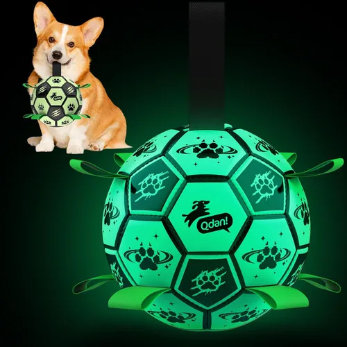 Vista 11 de QDAN Juguetes prémium para perros que brillan en la oscuridad, pelota de perro con correas, pelota de fútbol para perros, juguetes para perros al
