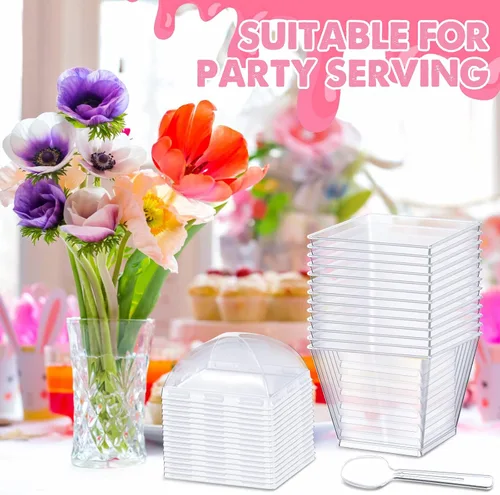 Vista 3 de 150 vasos de plástico de 3 onzas para postre con tapas y cucharas, tazas cuadradas para parfait, recipientes transparentes desechables para helado