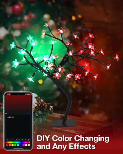 Vista 6 de Lámpara LED inteligente RGB con diseño de árbol de cerezo, bonsái iluminado por USB de 16 pulgadas para escritorio, temporizador de sincronización