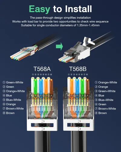 Vista 4 de VCELINK Conector CAT6A, conectores RJ45 pasan a través de CAT6A CAT7 blindado, chapado en oro de 3 clavijas con certificación UL, conector CAT7