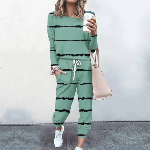 Vista 2 de Conjunto deportivo de dos piezas mujer Top de manga larga a rayas sudadera con bolsillo pantalones de gala cordón