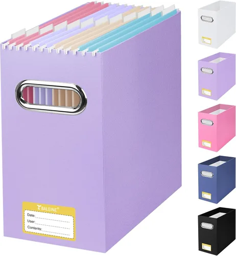 Vista 19 de BALEINE Caja organizadora de archivos, organizador de carpetas de archivos de cartón con asa para tamaño carta, caja de archivos plegable portátil