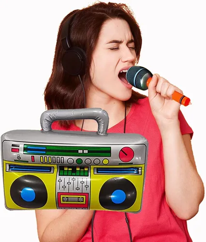 Vista 2 de Decoraciones de fiesta de los años 80 y 90, paquete de 3 micrófonos inflables de radio Boombox para teléfonos móviles para decoraciones de fiesta