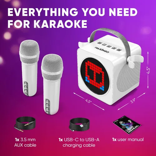 Vista 9 de MASINGO Mini máquina de karaoke portátil para niños y adultos con micrófonos Bluetooth inalámbricos duales, pantalla LED animada, USB/Aux/MicroSD