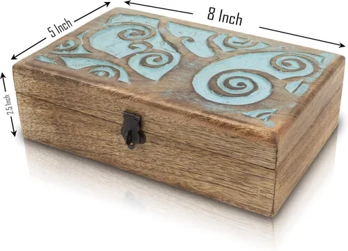 Vista 4 de Gran regalo de cumpleaños hecho a mano decorativo joyero de madera con tallado del árbol de la vida, cerradura y llave, organizador de joyas, caja