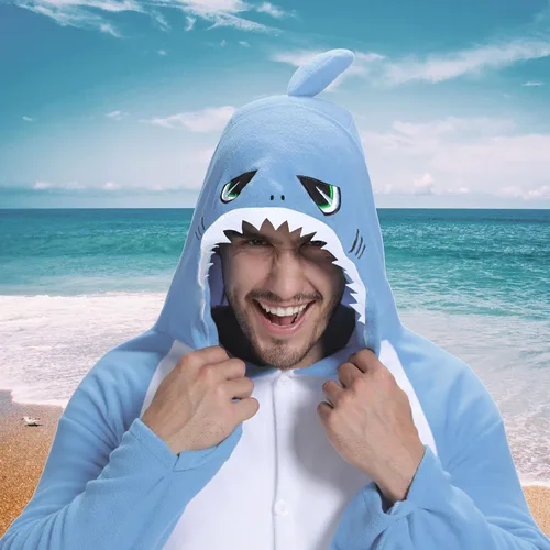 Vista 5 de Pijama de tiburón para adultos, disfraz de cosplay de tiburón, de una pieza, ropa de dormir de caricatura, mameluco de tiburón para mujeres y hombres