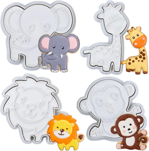 Vista 17 de Juego de 8 cortadores de galletas de animales con mango de sello 3D, diseño de selva para cocina, formas de pastel de ácido poliláctico