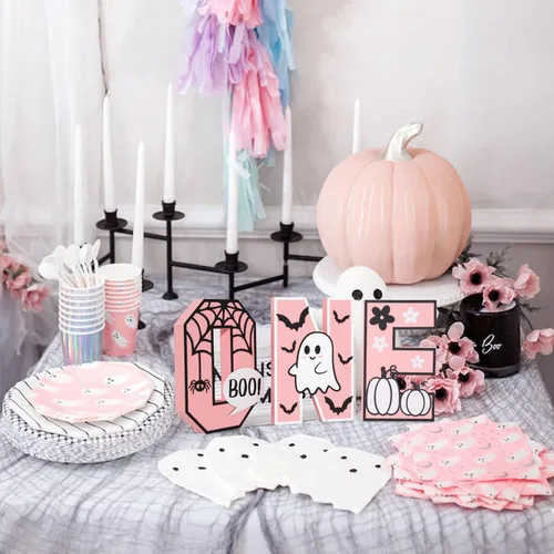 Vista 4 de Letrero de madera de Halloween One – Decoración de mesa de centro de mesa de madera rosa de Halloween, decoraciones de Halloween para interiores