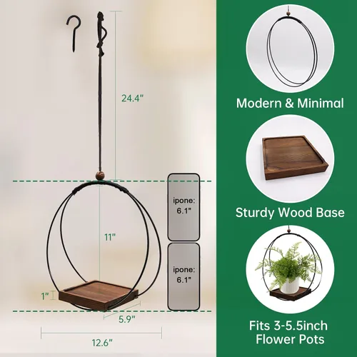 Vista 4 de Maceta colgante para plantas de interior, colgador de plantas negro para interiores con base de madera resistente, colgador de plantas de macramé