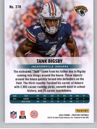 Vista 2 de 2023 Panini Prestige #378 Tank Bigsby RC Rookie Card Jacksonville Jaguars Official NFL Football Card in Raw (NM or Better) Condition
